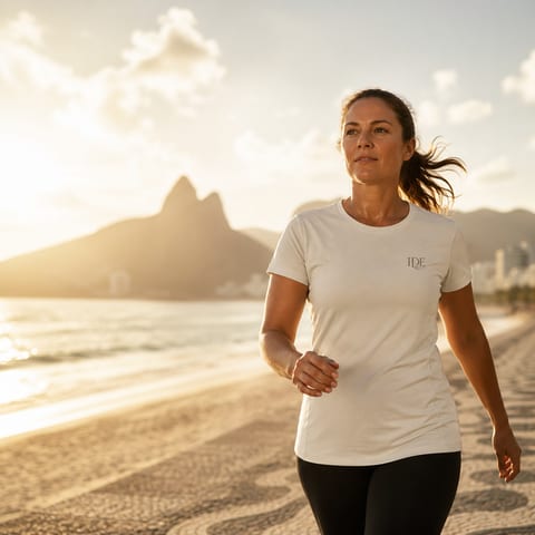 Mulher caminhando em Ipanema no golden hour