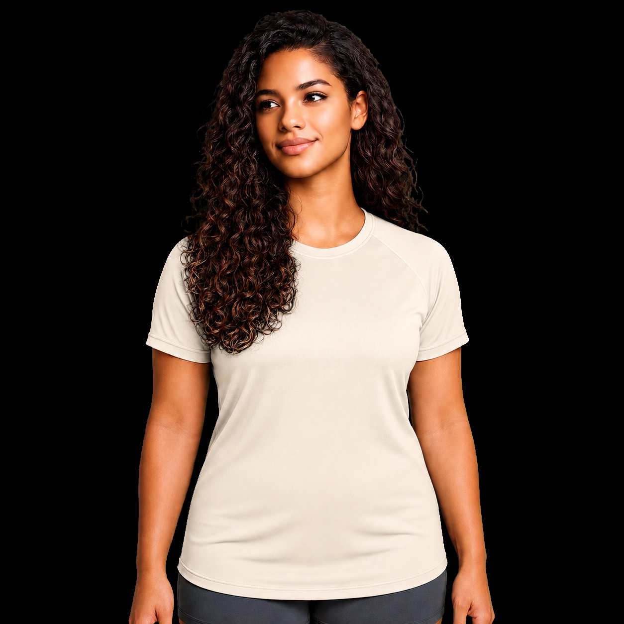 Camiseta feminina cristã dry-fit off-white com o versículo Tudo Posso — IDE 16:15